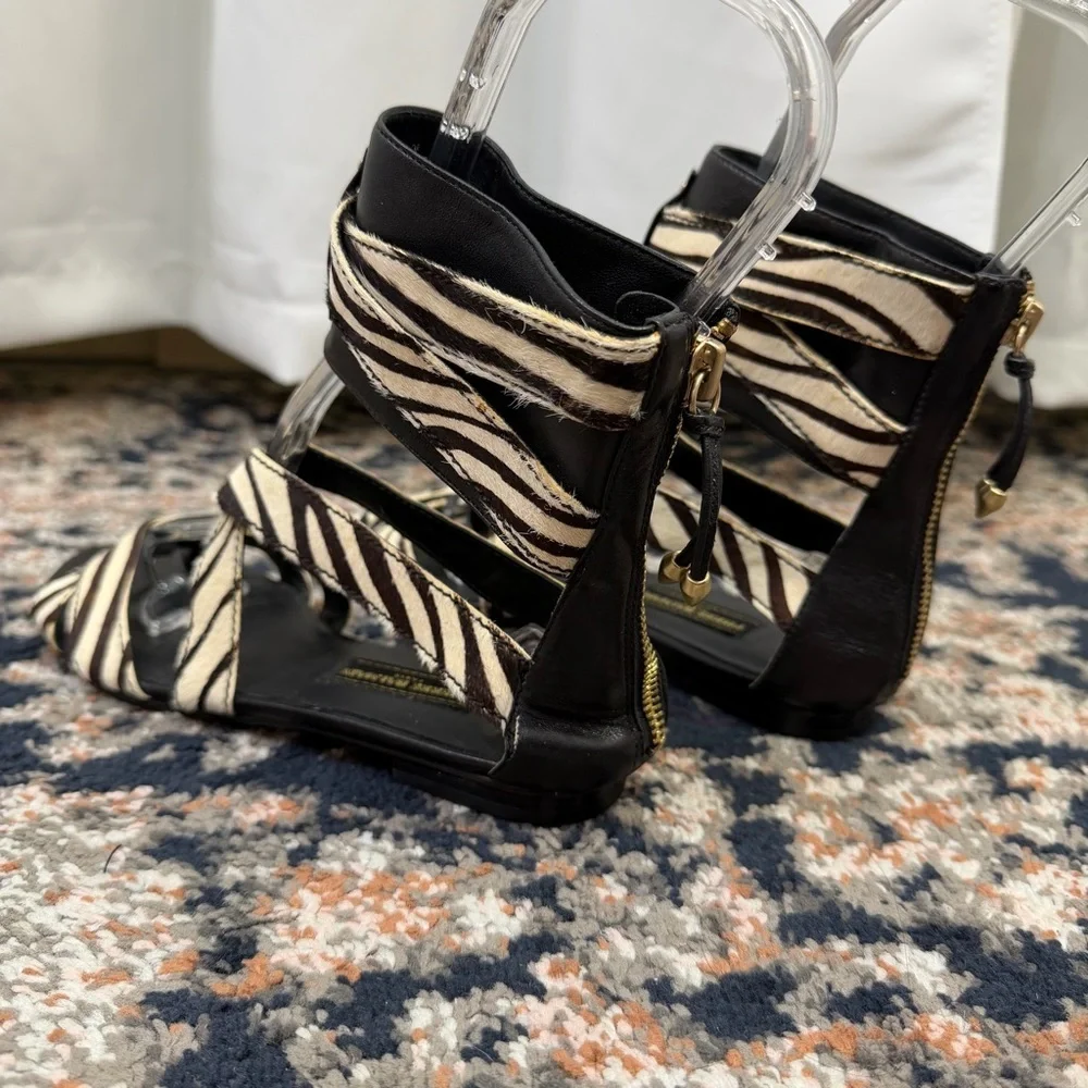NWOT Pierre Balmain ‘Amelie’ Zebra Print Pony Hair Strappy Zip-Back Sandals Sz 6